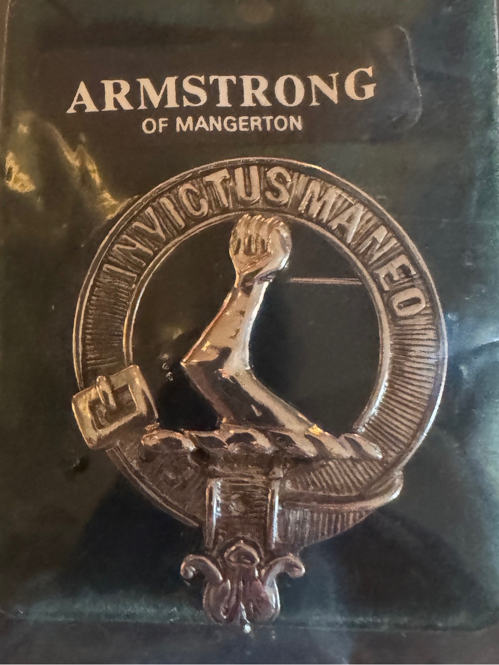 Scottish Armstrong Mangerton Clan Crest Badge Pin Brooch Invictus Maneo Scotland